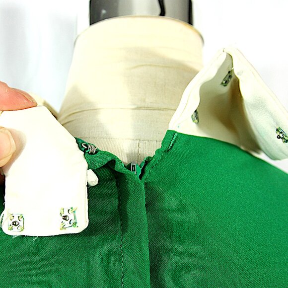 Vintage Les Wilk Collared Belted Ruffle Midi Secretary Geek Dress Green 1960s M - Picture 8 of 11